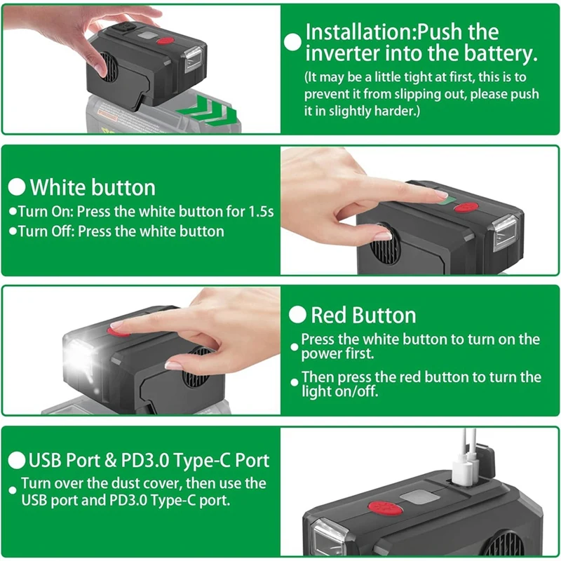 Power Inverter For Ryobi 40V Battery 200W DC 18V To AC 110V With USB Port&Type-C PD3.0 Output Port& LED Lighting US Plug