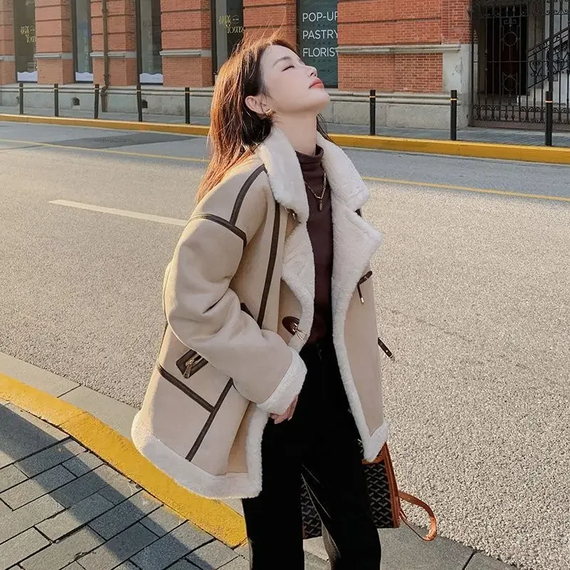 2024 Fall and Winter New Women Tops Coat Faux Fur Lamb Wool Turn Down Collar Long Sleeve Single Breasted Loose Padded Coats