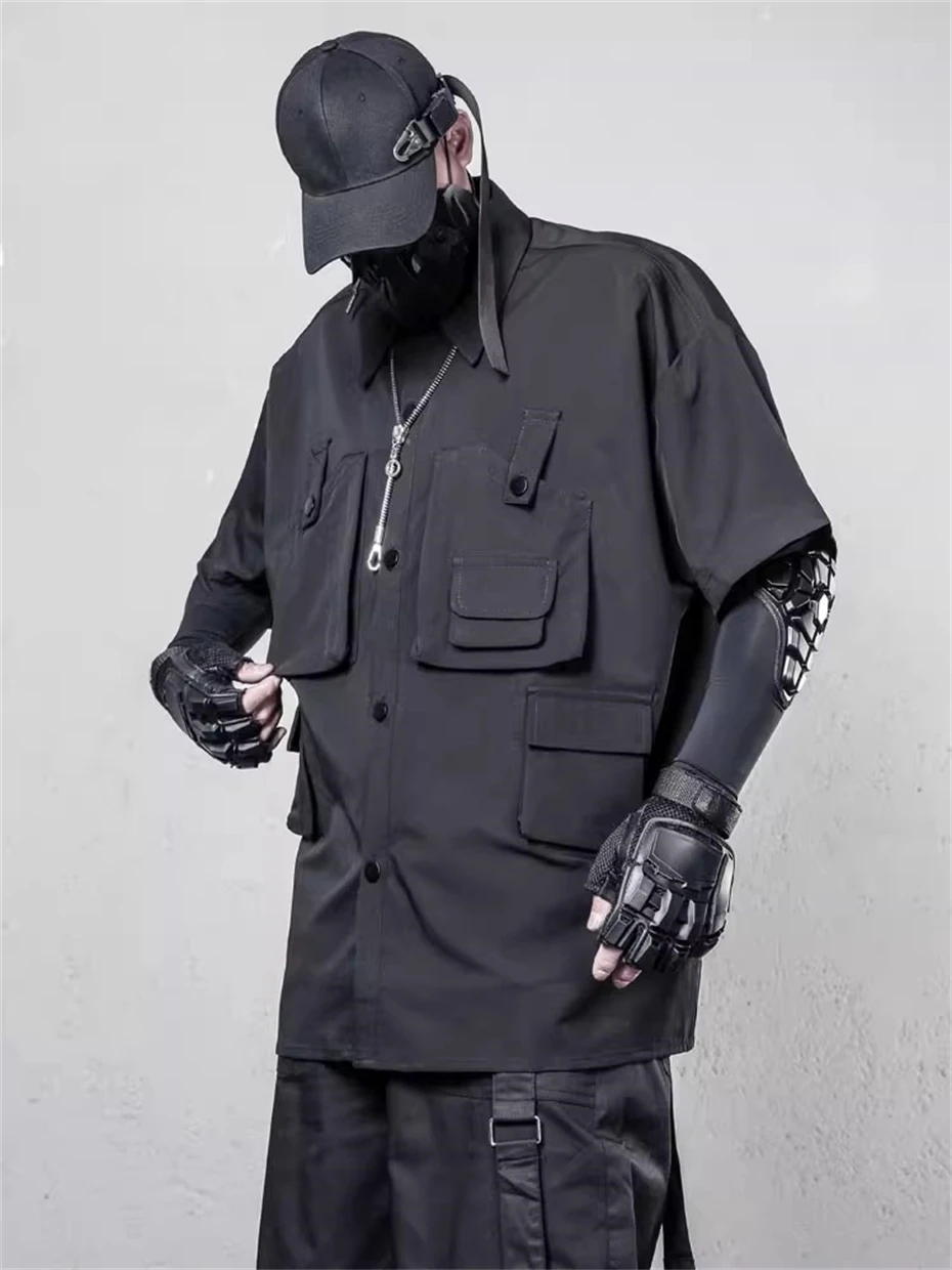 Oversized Short Sleeve Shirts Men Streetwear Punk Casual Shirt Function Black Multi Pockets Harajuku Cargo Shirt Coats Techwear