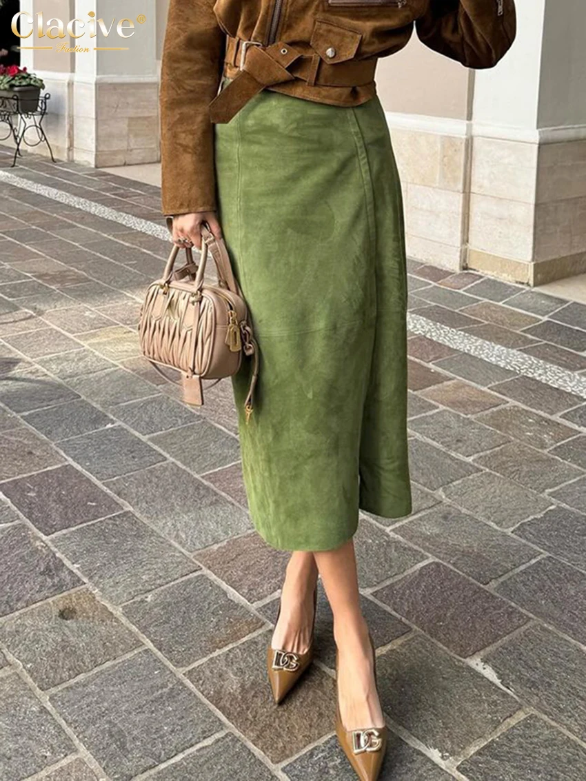 Clacive Fahsion Loose Green Office Women's Skirt 2024 Elegant High Waist Midi Skirts Casual Classic Slit Skirt Female Clothing