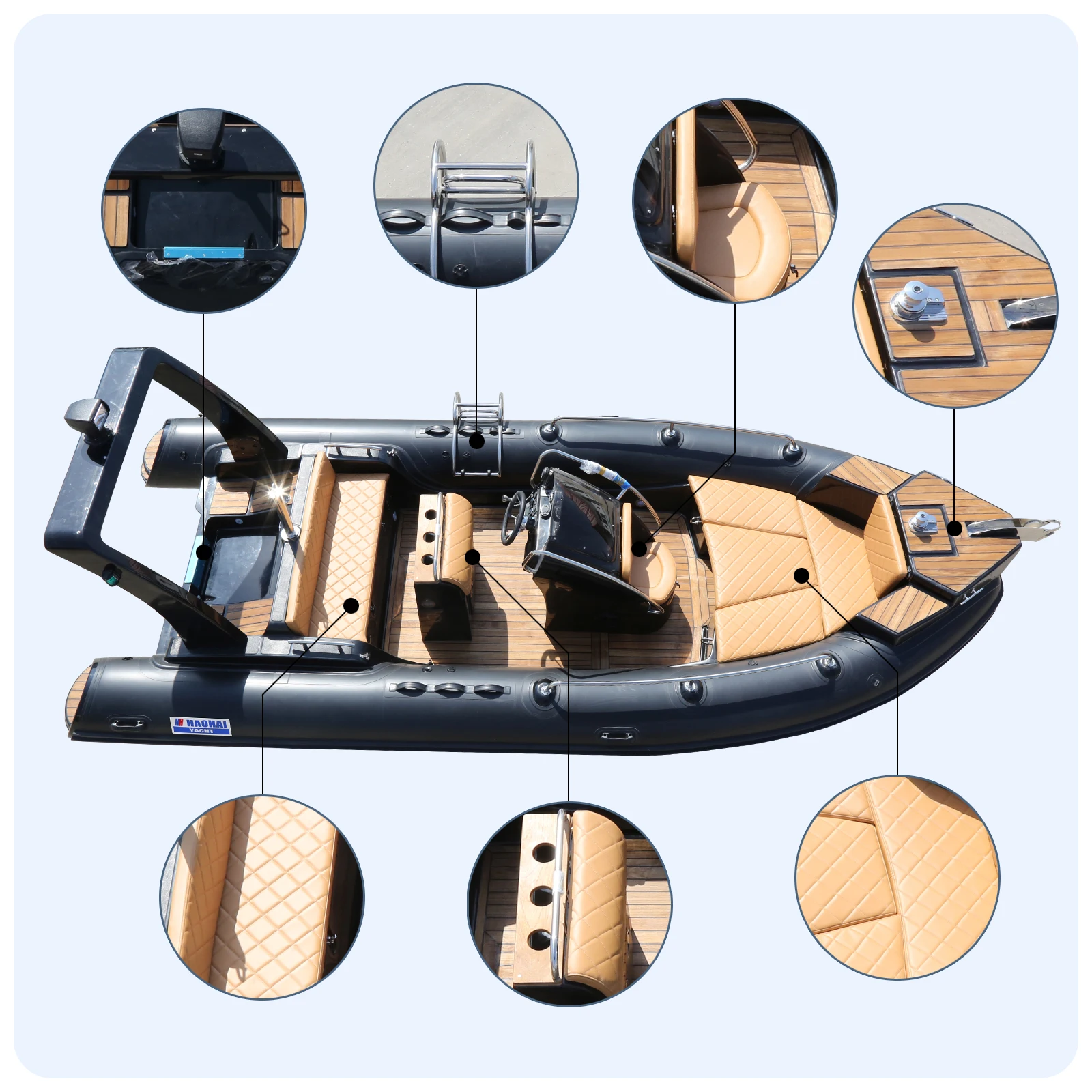 Qingdao Haohai Barca da pesca con pontone in fibra di vetro di lusso per barche a coste in vendita in stile yacht a remi