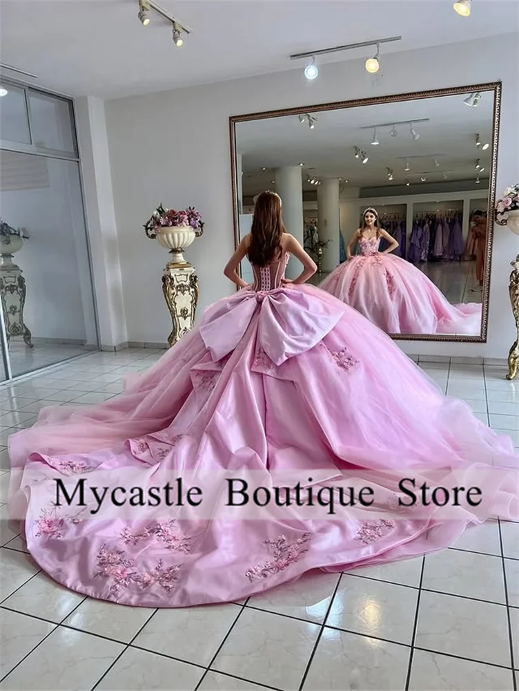Robe de bal rose de luxe personnalisée, fleurs 3D, robes Quinnceanera, perles pailletées, robe de fête d'anniversaire pour filles, robe douce 16, 2025