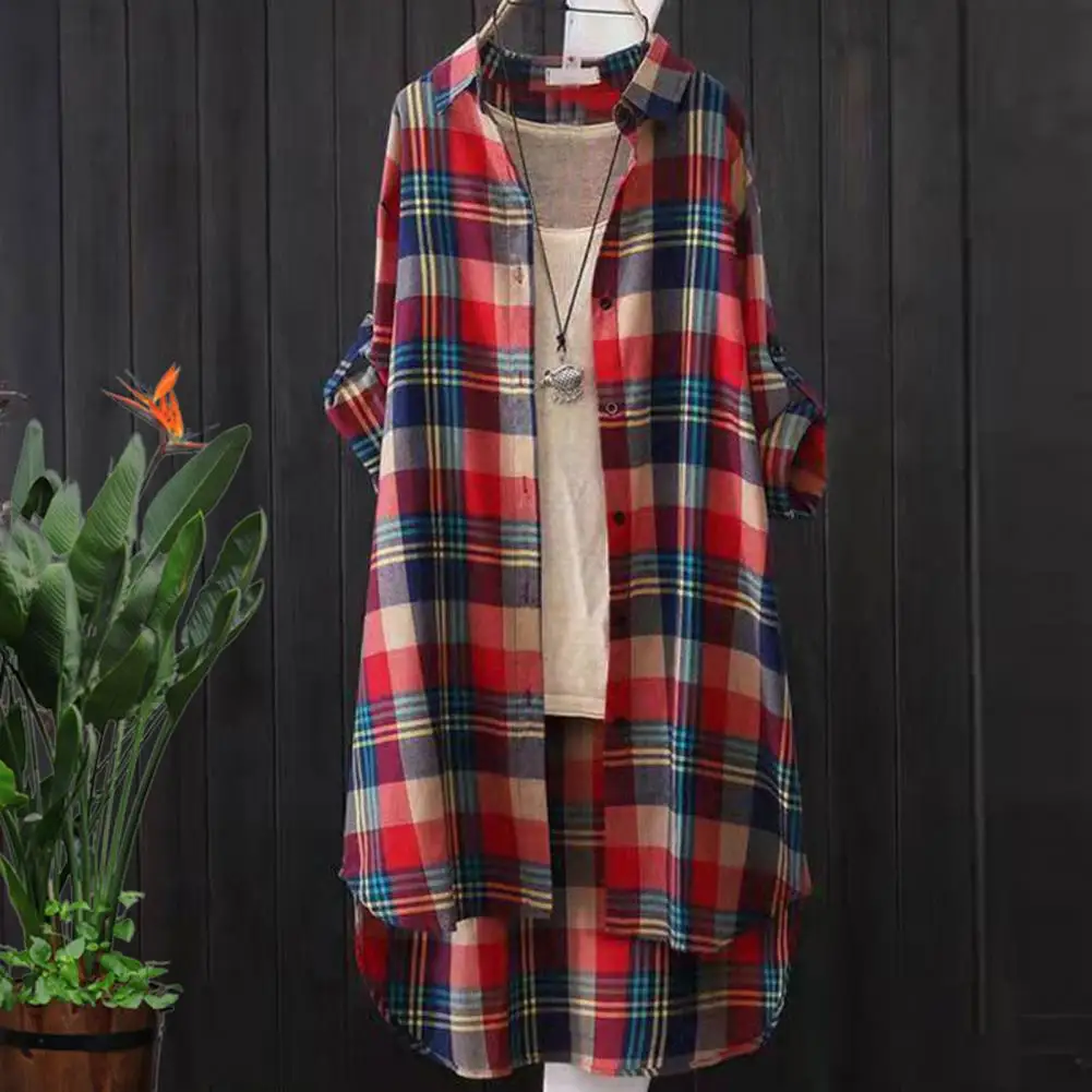 Casual Plaid Jacket Stylish Women's Plaid Print Long Coat Cardigan Set for Fall Outfits Lapel Collar Button Front for Women