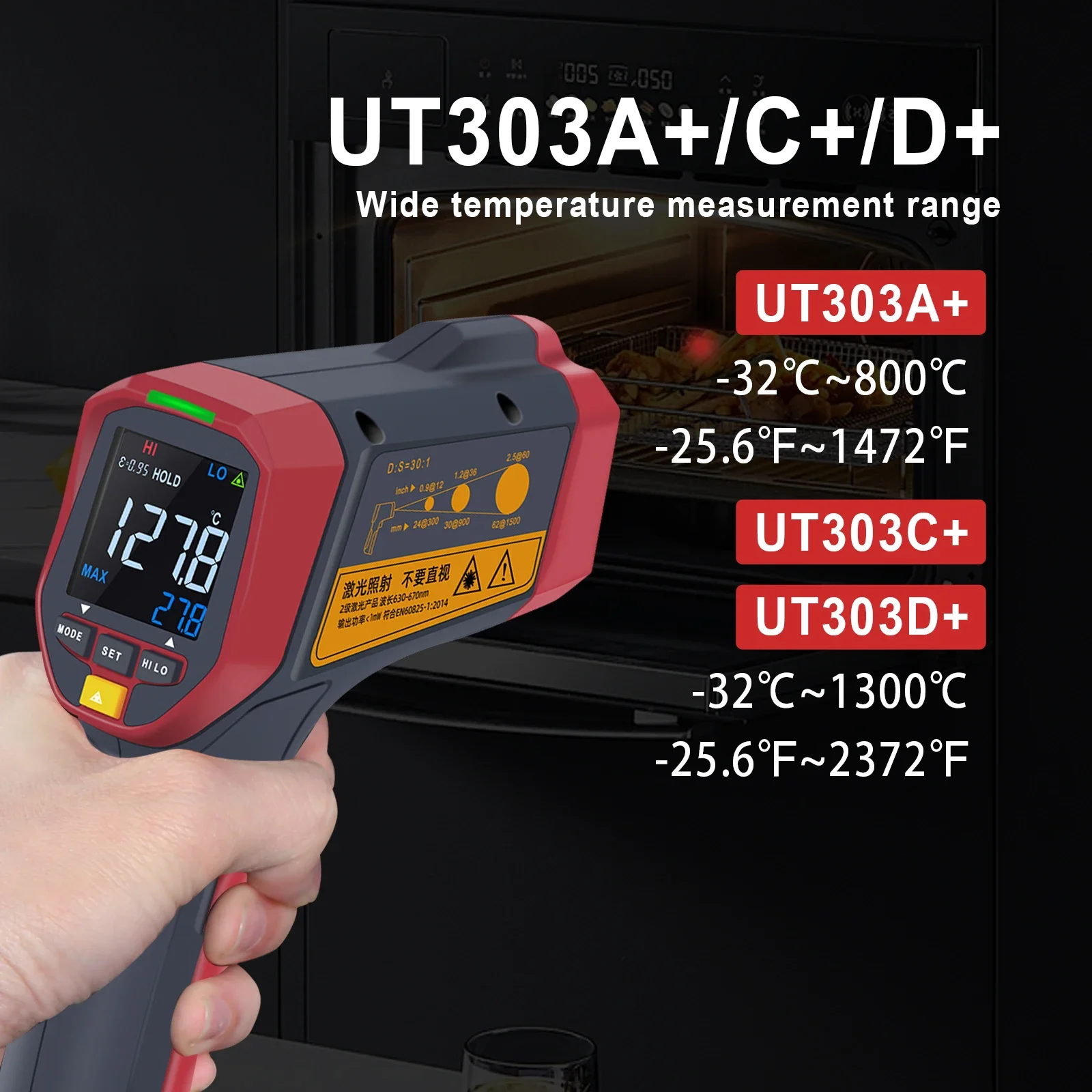 Medidor de temperatura sin contacto UNI-T UT303A +/C +/D Color EBTN pirómetro infrarrojo Digital retroiluminación LCD pistola de termómetro láser