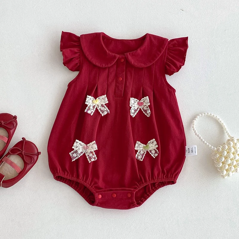 2026 New Summer 0-24M Children Clothes Infant Baby Girls Bodysuits Flying sleeve cotton splicing Toddler Baby Girls Jumpsuit