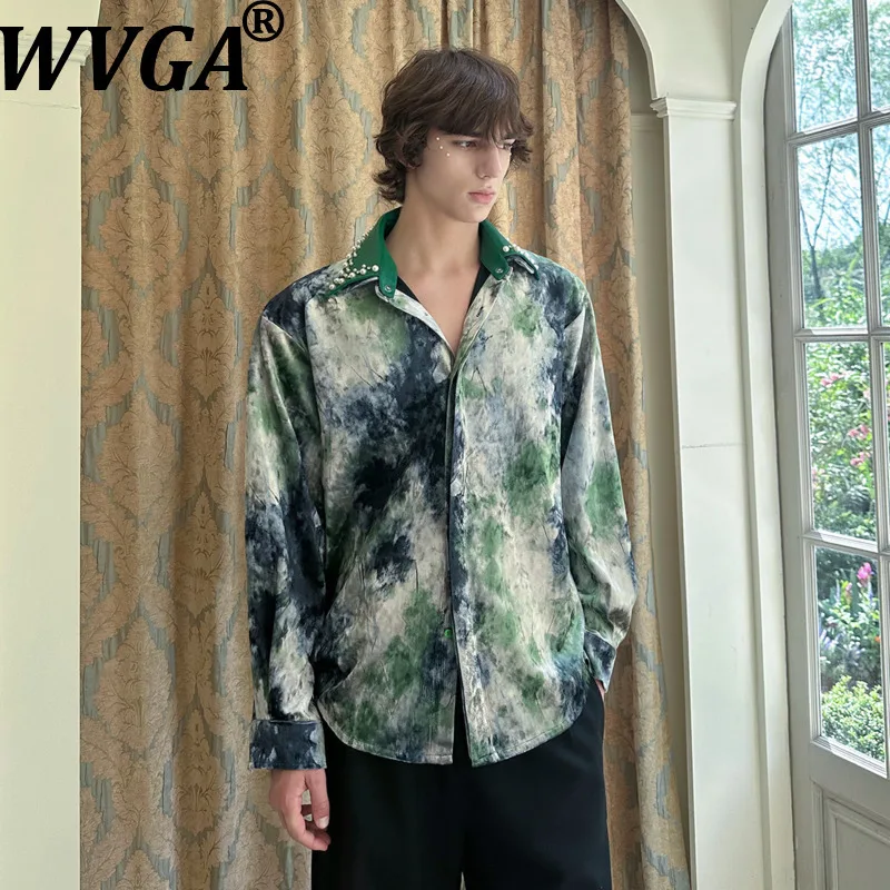 WVGA Autumn New Men's Vintage Trendy Long Sleeve Shirt Beaded Design Niche Chic Casual Loose Double-layer Collar Tops Ins W28231