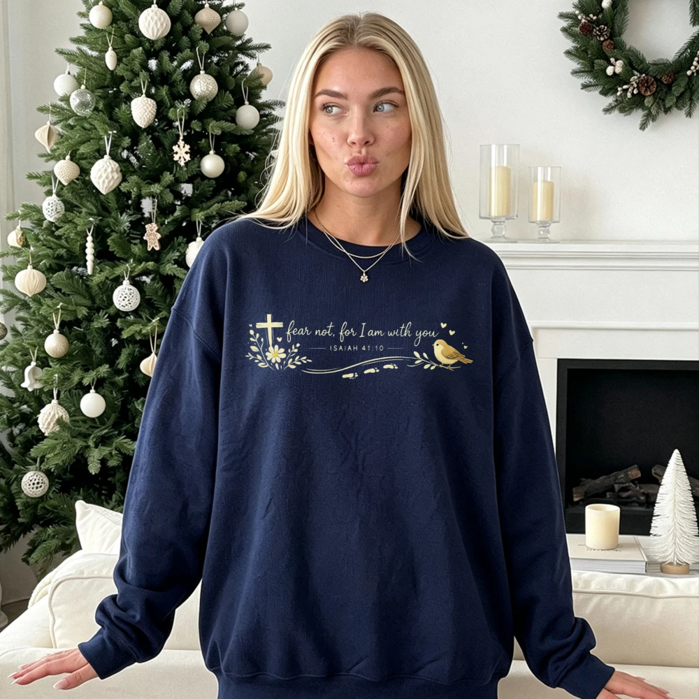 Fear Not for I Am with You Cross Bird Daisy Bible Verse Print Pullover Religious Faith Graphic Casual Autumn Winter Unisex Tops
