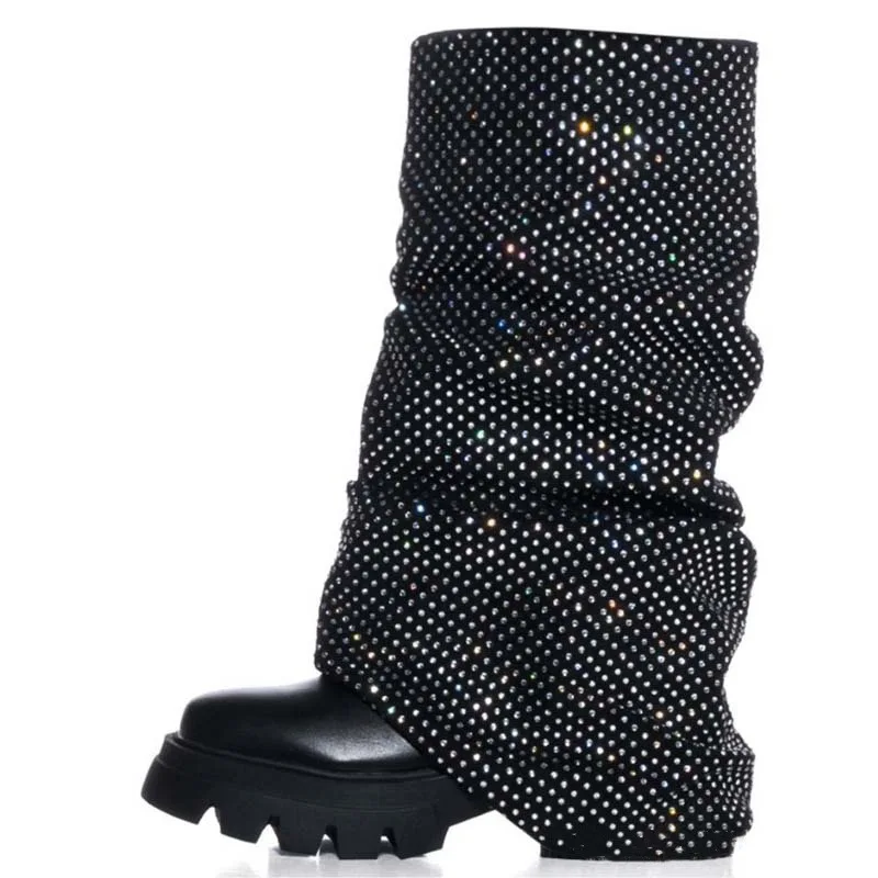 

Thick-Soled Round-Toe Pleated Piled Trouser Boots Starry-Eyed Rhinestone Large-Size Knee-High Mid-Calf Botines Botas Femininas