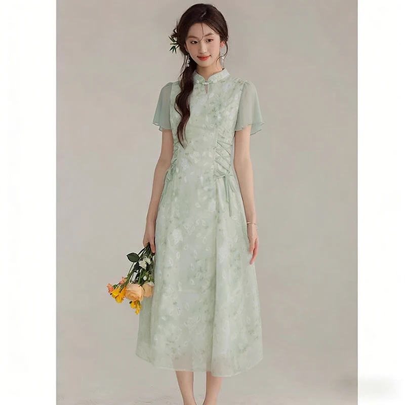 New Chinese Style Reformed  Dress Summer 2026 New National Style Zen Skirt High Waist A-Line Short Sleeve Slim Fit