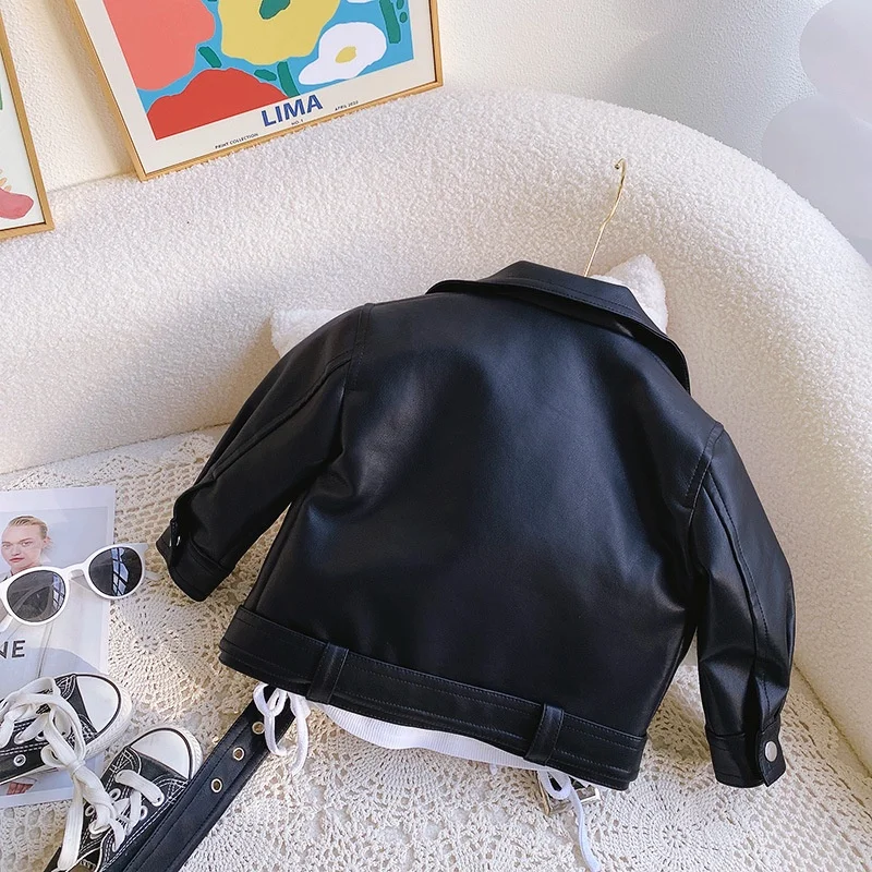 Children Girl Leather Coat Black Fashion Leather Jacket Toddler Girl Casual Long Sleeve Plush Winter Kids Clothing for 1-6Years