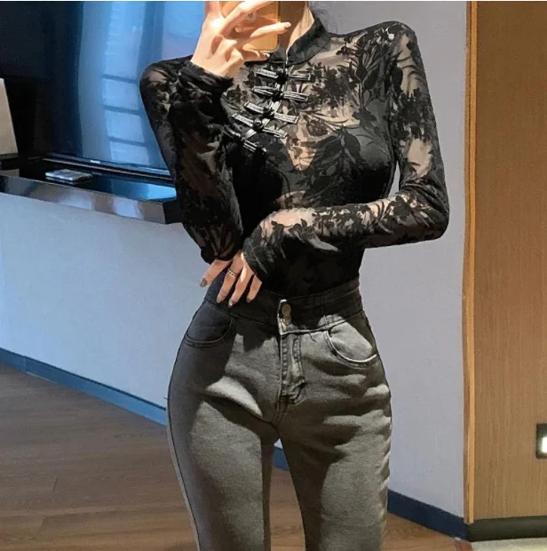 Women Tops Mesh Embroidery Floral Lace Sexy Long-Sleeved Slim Black with Velvet Transparent Women Blouse Shirts