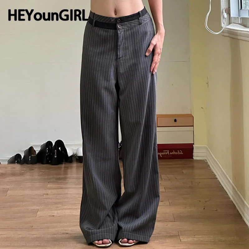 HEYounGIRL Contrast Patchwork Low Waisted Suit Pants Women Casual Gray High Street Fashion Straight Trousers Ladies Office Wear