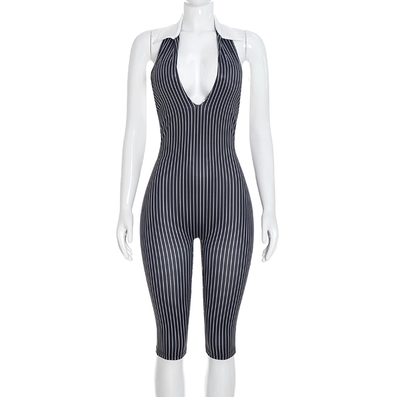 Sexy, tief ausgeschnittener, ärmelloser, rückenfreier, gestreifter, schmal geschnittener, siebenteiliger Jumpsuit – Detail 7