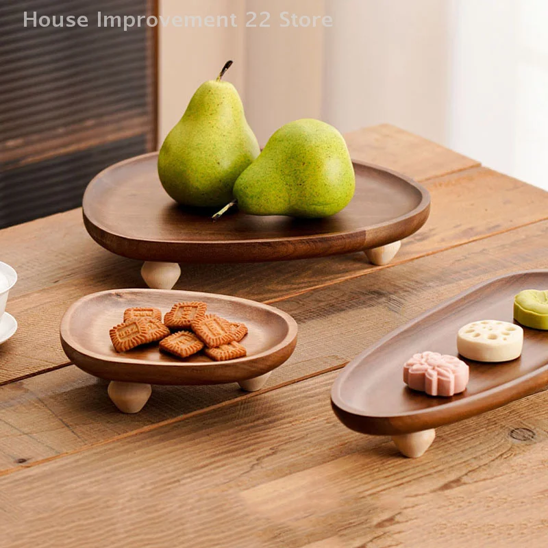 High-Footed Premium Acacia Wood Serving Tray With Feet Irregular Shaped Storage Organizer For Fruits & Snacks Ideal For Home Use