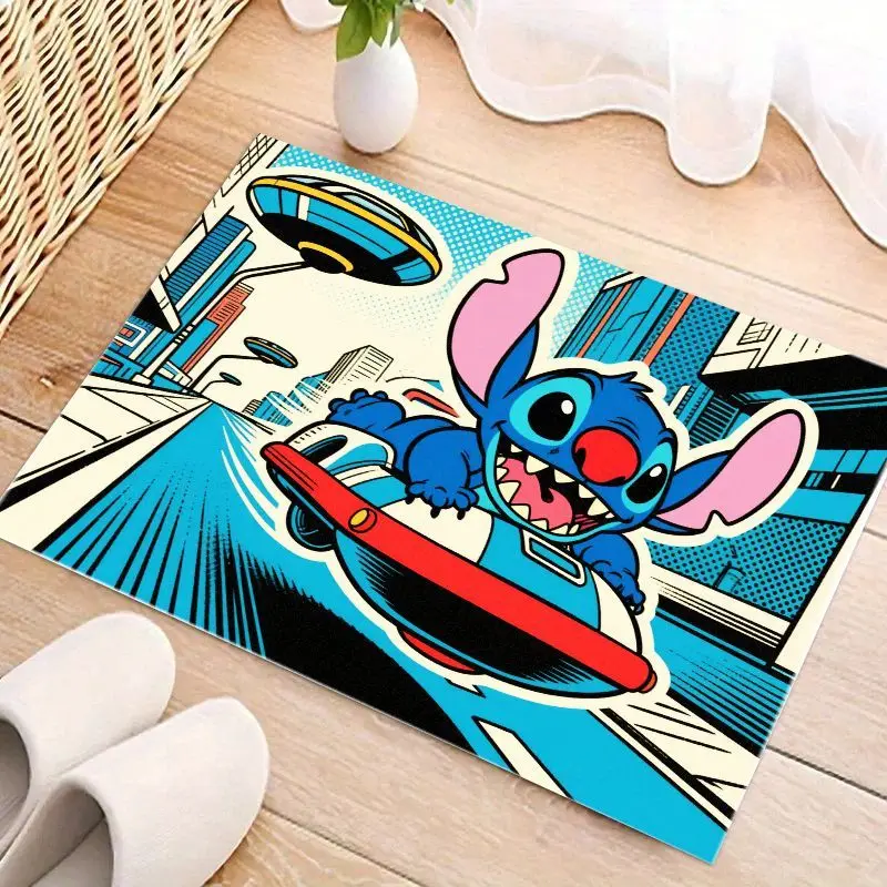 1PC Disney Lilo & Stitch Anime Cartoon Character Floor Mat, Dynamic Sci-Fi Stitch on Hoverboard Area Rug, Non-Slip Entrance Door