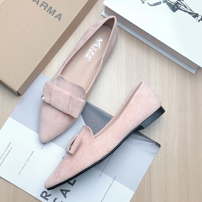 Zapatillas Mujer Chaussure Femme Women Flats Pointed Flock Leather Casual Shoes Pink Black Flat Shoes for Women 33-43 All Match