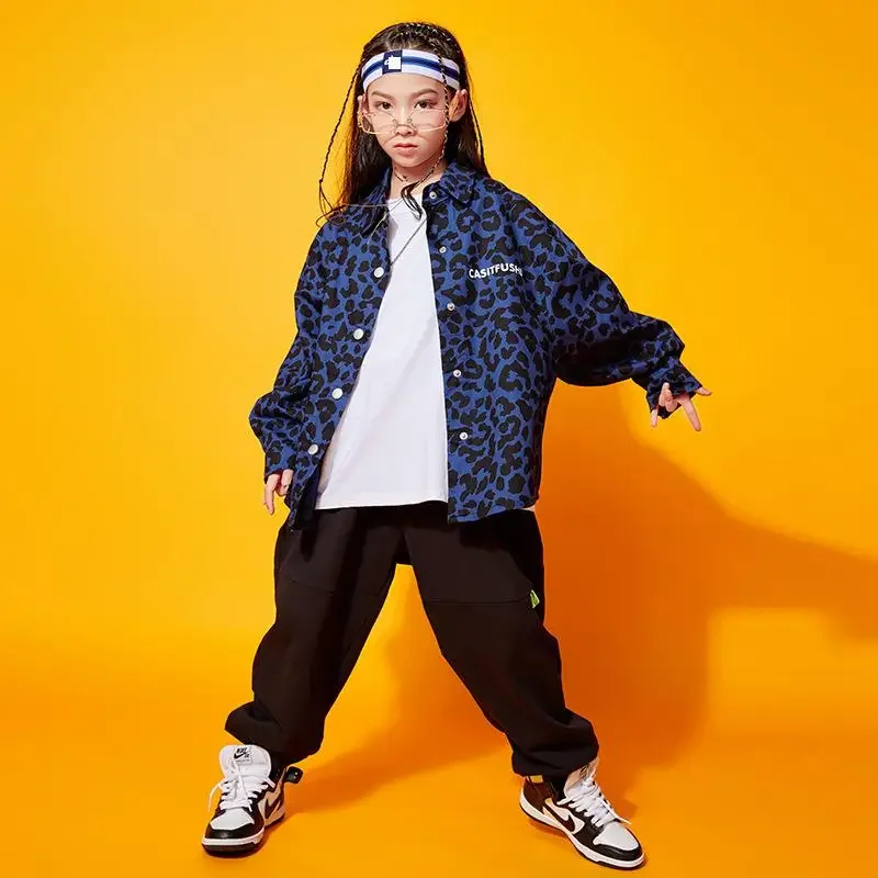 Infantil leopardo impressão camisa solta, top, calça basculadora, palco street wear, hip hop roupas, jazz traje de dança, hip hop, meninos, meninas, criança