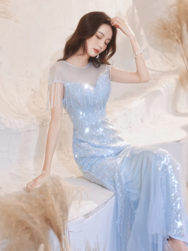 

Blue Evening Gown Women's Dr Host Ball Ele High-end Luxury Adult Ceremony Sparkling Fi Tail Long Skirt Dr