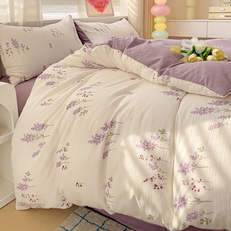 Purple Lavender Washed Cotton For Boys Girls Ins Korean Style with Flat Sheet Pillowcase No filler Queen Double Home Bed Linens