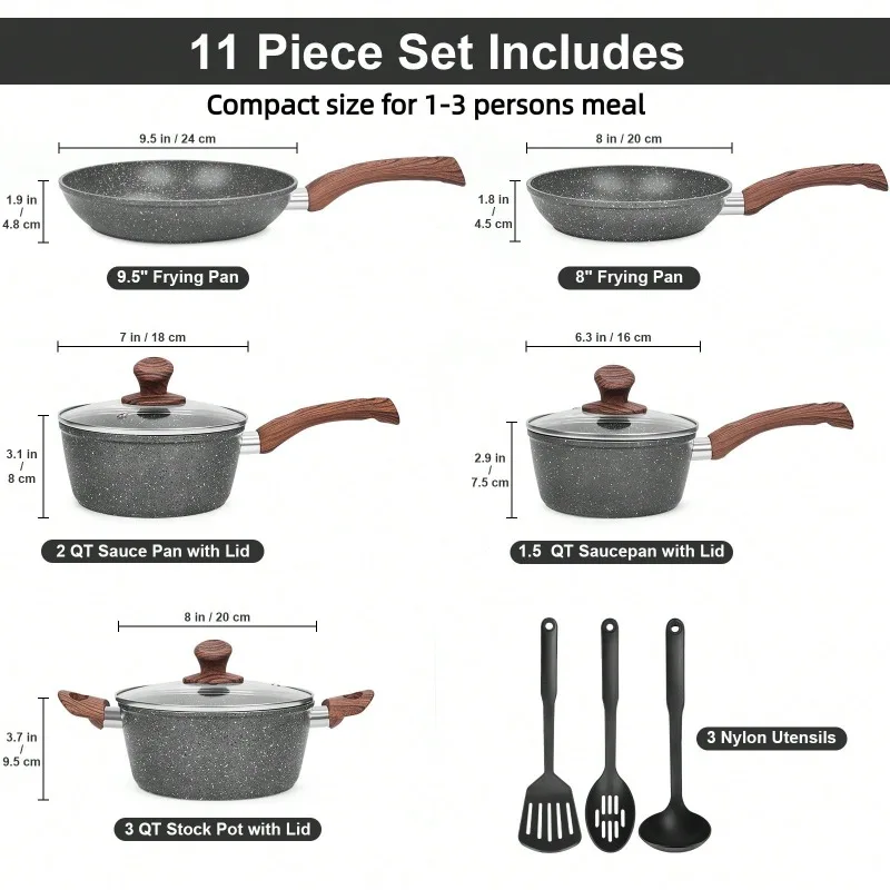 Granite Pots And Pans Set Ultra Nonstick, 11 Piece Die-Cast Cookware Sets With Frying Pan, Sauce Pan, Stockpot, Stay Cool Handle & Kitchen Utensils, Gas/Induction Compatible, Compact Size For 1-3 Persons Meal