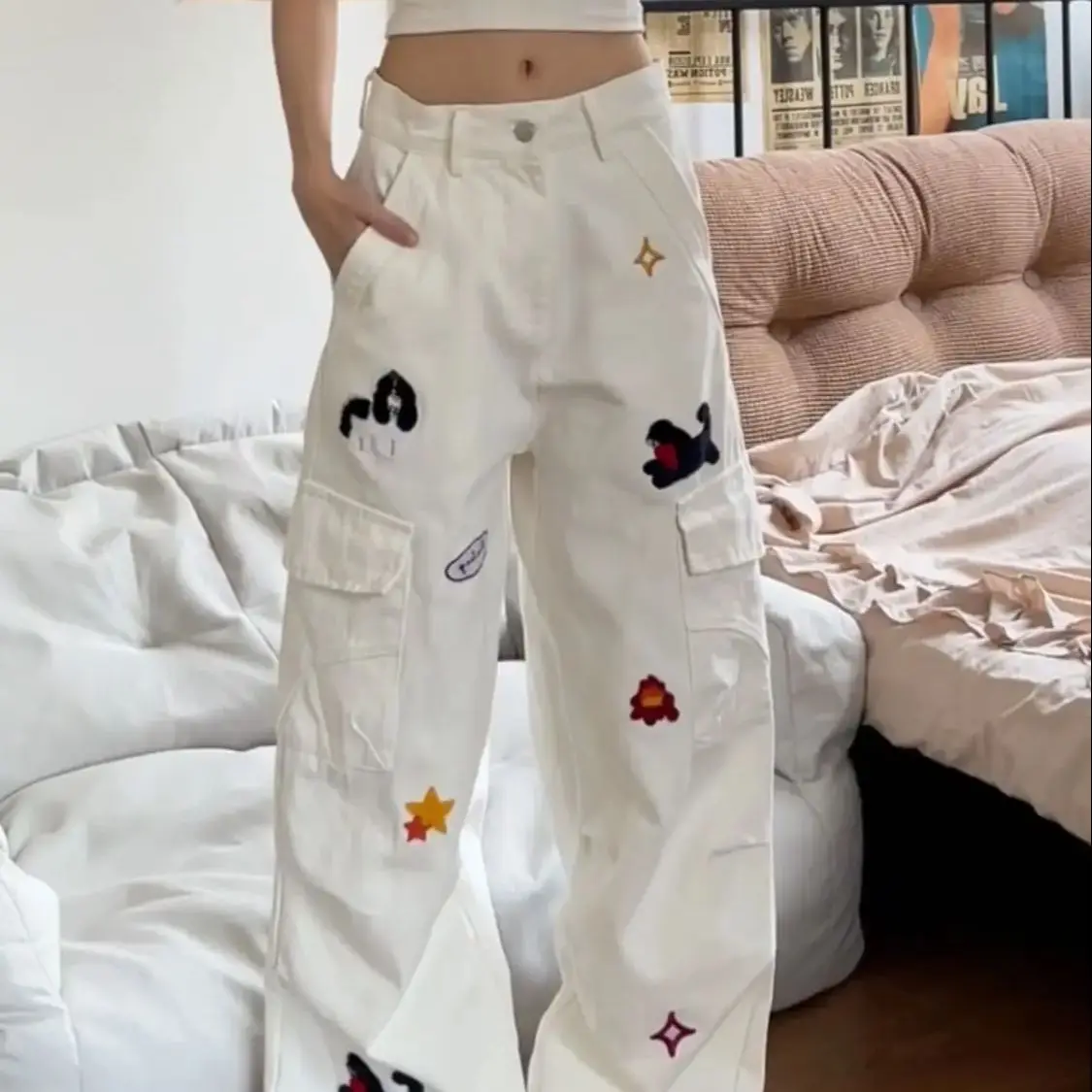 

American Retro Pleated Puppy Embroidered Pocket Work Jeans Women Summer New Niche Design Loose Slim Wide-Leg Pants