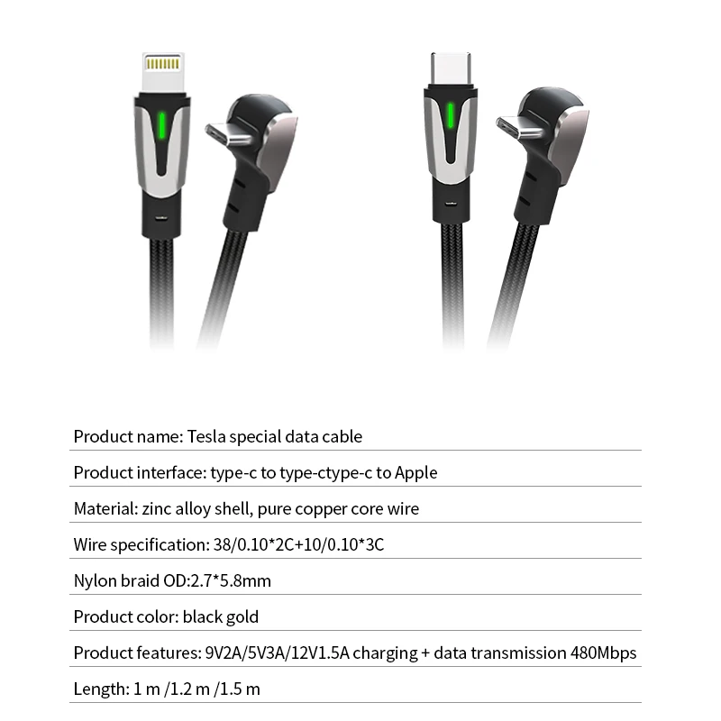 Cable de carga rápida para coche Tesla Model 3 Model Y, Cable de datos tipo C a tipo C, teléfono móvil PD, 60W, USB-C de 90 grados