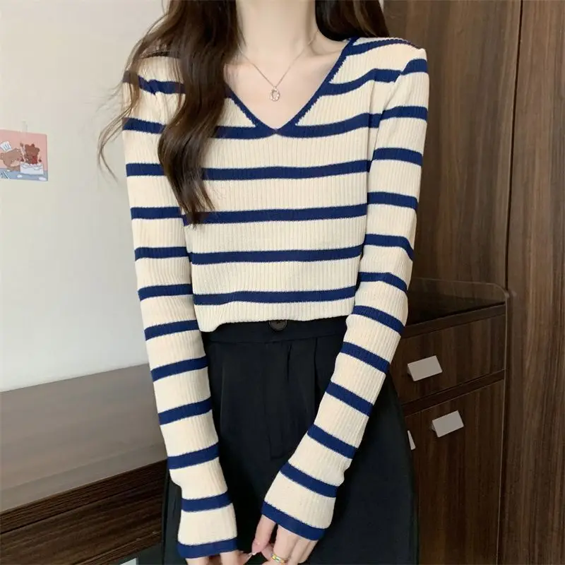 Preppy Style V-neck Striped Long Sleeve Sweater Women\'s Temporary Patchwork Autumn New Fashion Loose Versatile Pullover Knit Top