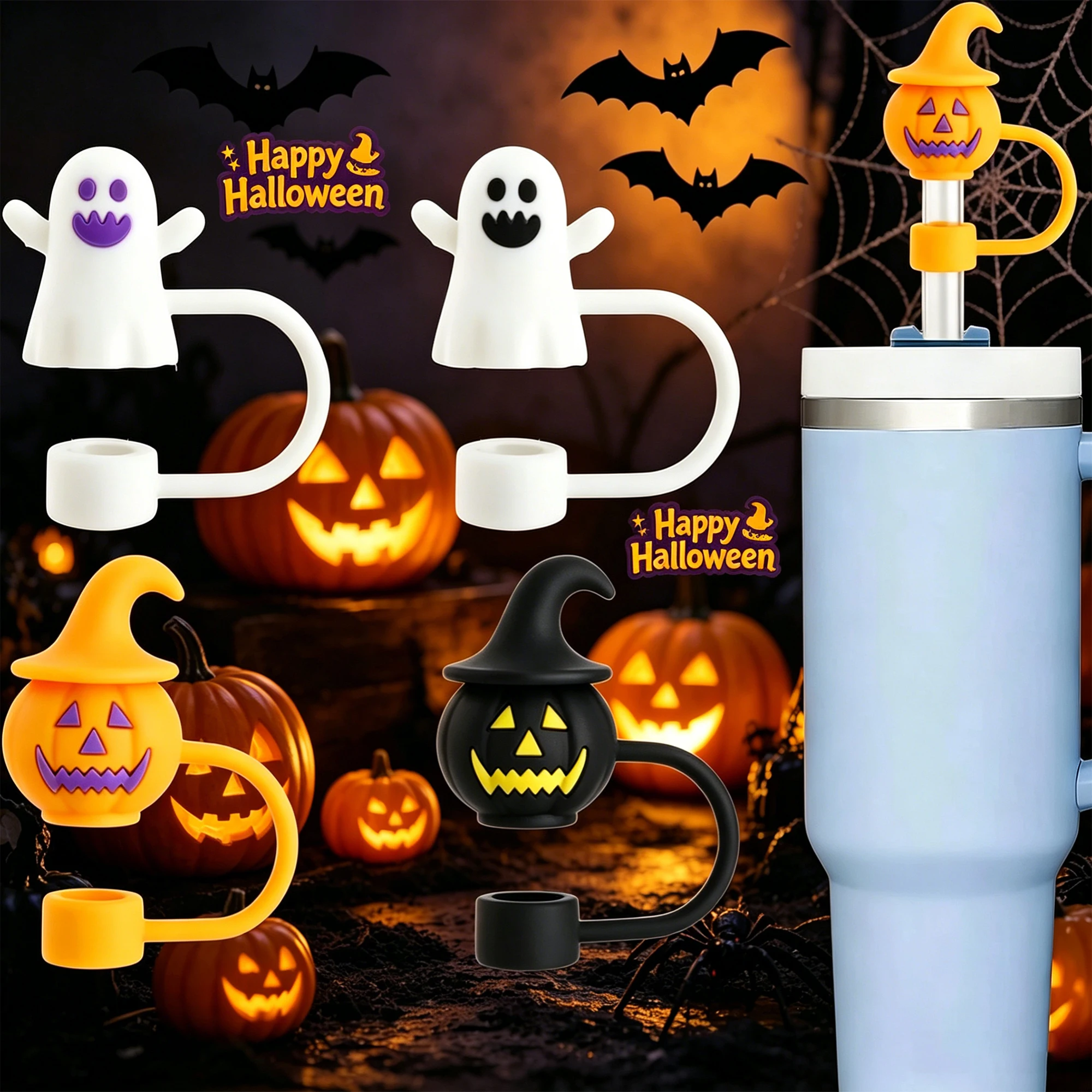 Halloween Straw Cap Silicone 8-10mm Straw Cover Pumpkin Head Ghost Cute Cartoon Party Straw Decoration Cap Dust Cover