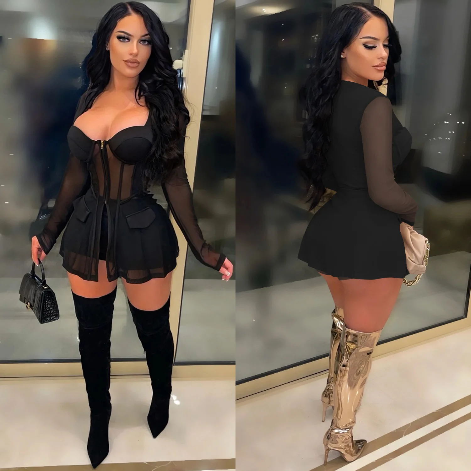 Fashionable  Color Women's Mesh See-through Wrap Chest Long Sleeve Shorts Two-piece Set Sexy Style Four-season Suitable