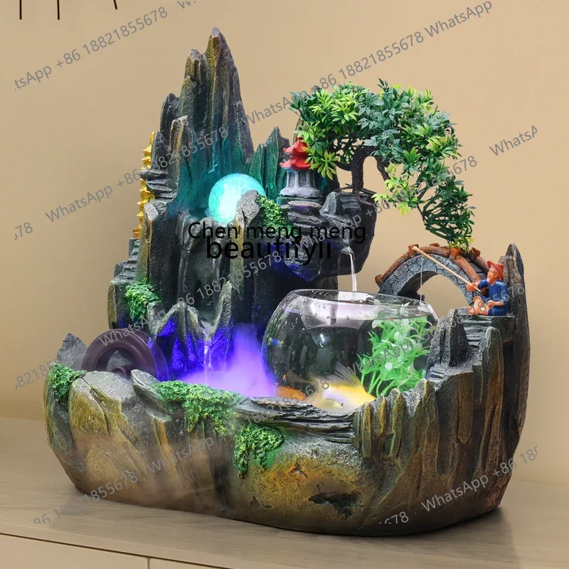 k182Small bonsai rockery flowing water ornament Feng Shui wheel lucky fish tank humidifier living room, desktop opening