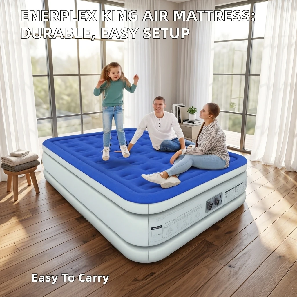 EnerPlex King 76 Double Height Inflatable Mattress Built-in Dual Pump PVC Cover Camping Home Furniture Portable Durable Quick