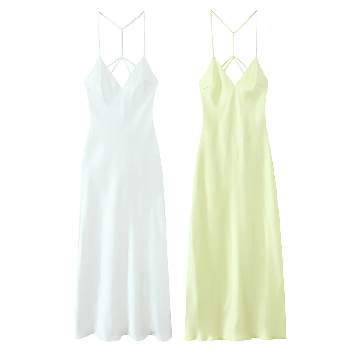 

BM&MD&ZA Women’s Elegant Sexy V - neck Sleeveless Spaghetti Strap Mid - length Dress Silk - like Satin Texture Backless Design