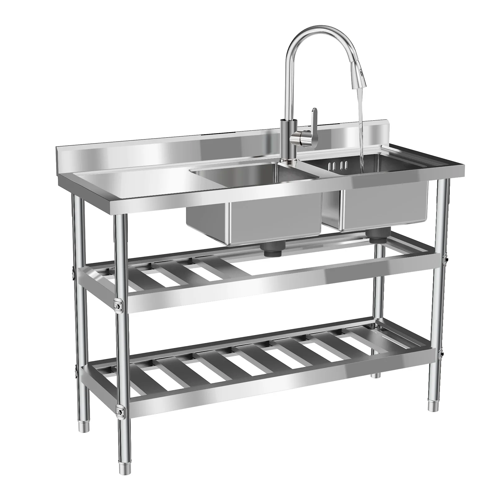 Commercial Restaurant Sink, Stainless Steel Double Bowl Kitchen Sink, 3-Tier Prep Table with Hot and Cold Faucet, Adjustable Pull-Out Spray, Large Capacity for Washing, Storage, Utility, 120x45x81cm, Home Industrial