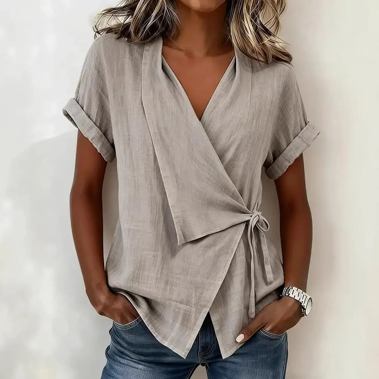 2026 Spring and Summer Cross-border European and American New Style Casual Solid Color Stand-up Collar Tie-up Asymmetrical Loose image 2