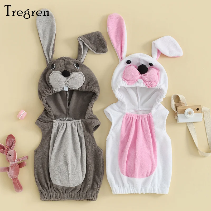 

Tregren 0-3Y Toddler Boys Girls Fleece Tops Cute Sleeveless Contrast Color Hooded Tops with 3D Bunny Ear Summer Infant Outfits