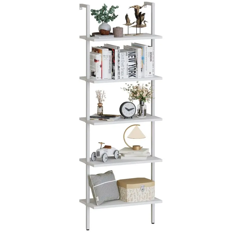 

Ladder Shelf White Wooden Bookshelf 5Tier WallMounted Open Wood Rack Industrial Modern Plant Flower Stand Utility Organizer Boo