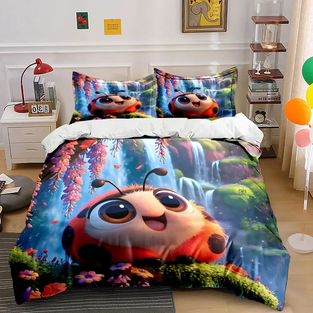 Smiling Ladybug Amidst Cascading Waterfalls Print Bedding Set 1 Duvet Cover 2 Pillowcases for Adult and Children Luxury Gift