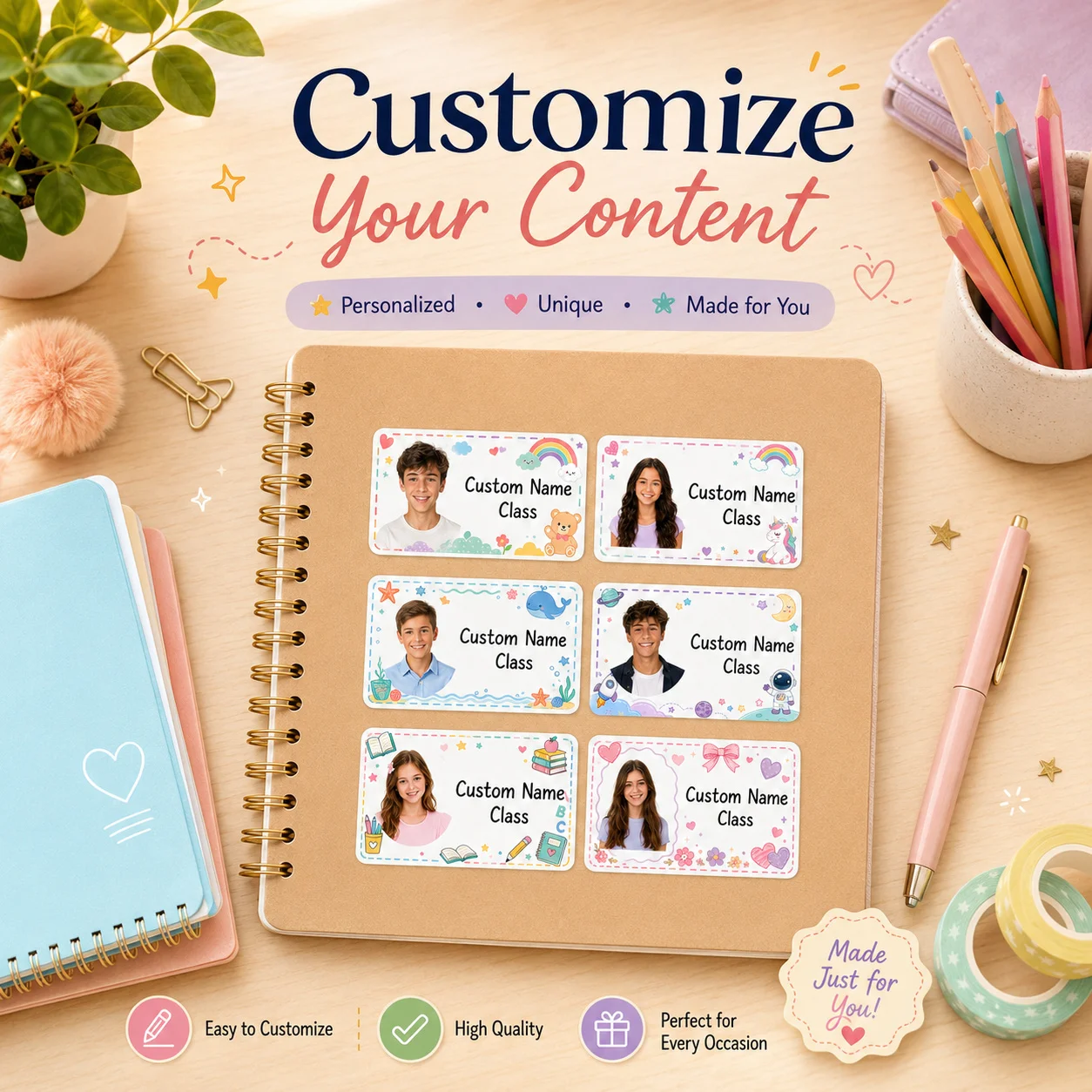 Customized Back-To-School Photo Name Stickers Customized Square Half-Portrait Photo Labels Personalized Labels for Schools, Offices, Water Bottles, Pencils - Non-Curling Adhesive Waterproof Name Tags School Classroom Backpacks Luggage Back-To-School Gift for Son or Daughter