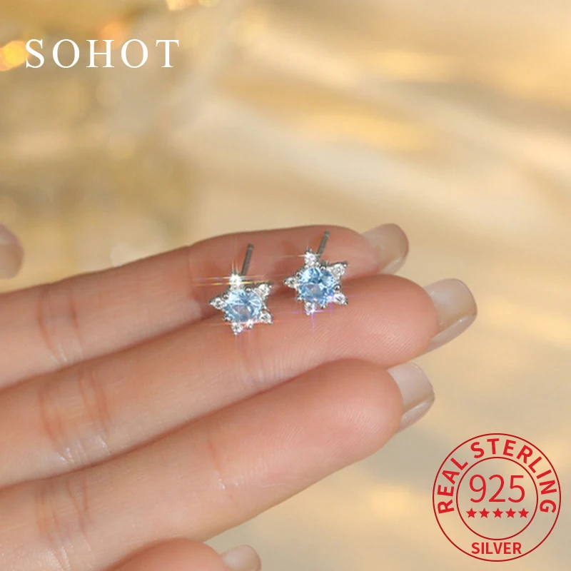 

Real 925 Sterling Silver Blue Zircon Star Mini Stud Earrings for Charm Women Exquisite Fine Jewelry Geometric Accessories