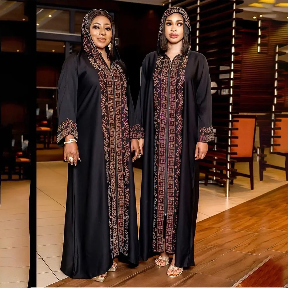 

African mother Arabian Middle East robe with hat, front and back hot drilling, zipped robe, luxury fashion dress