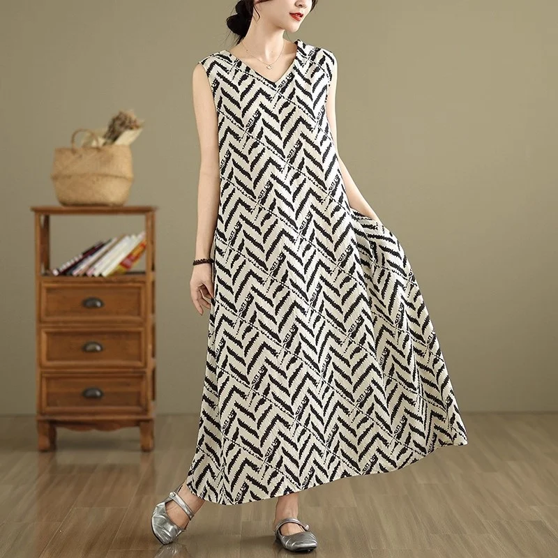 Simples sem mangas com decote em v colete vestido longo feminino verão casual sem mangas solto vestido tanque w172