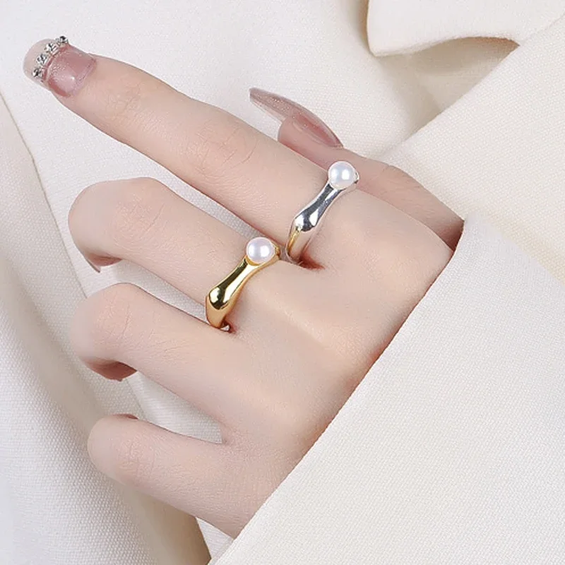 Fashion Silver Gold Pearl Rings for Woman Girls Simple Wedding Engagement Fine Ring Free Shipping Wedding Jewellery Gift