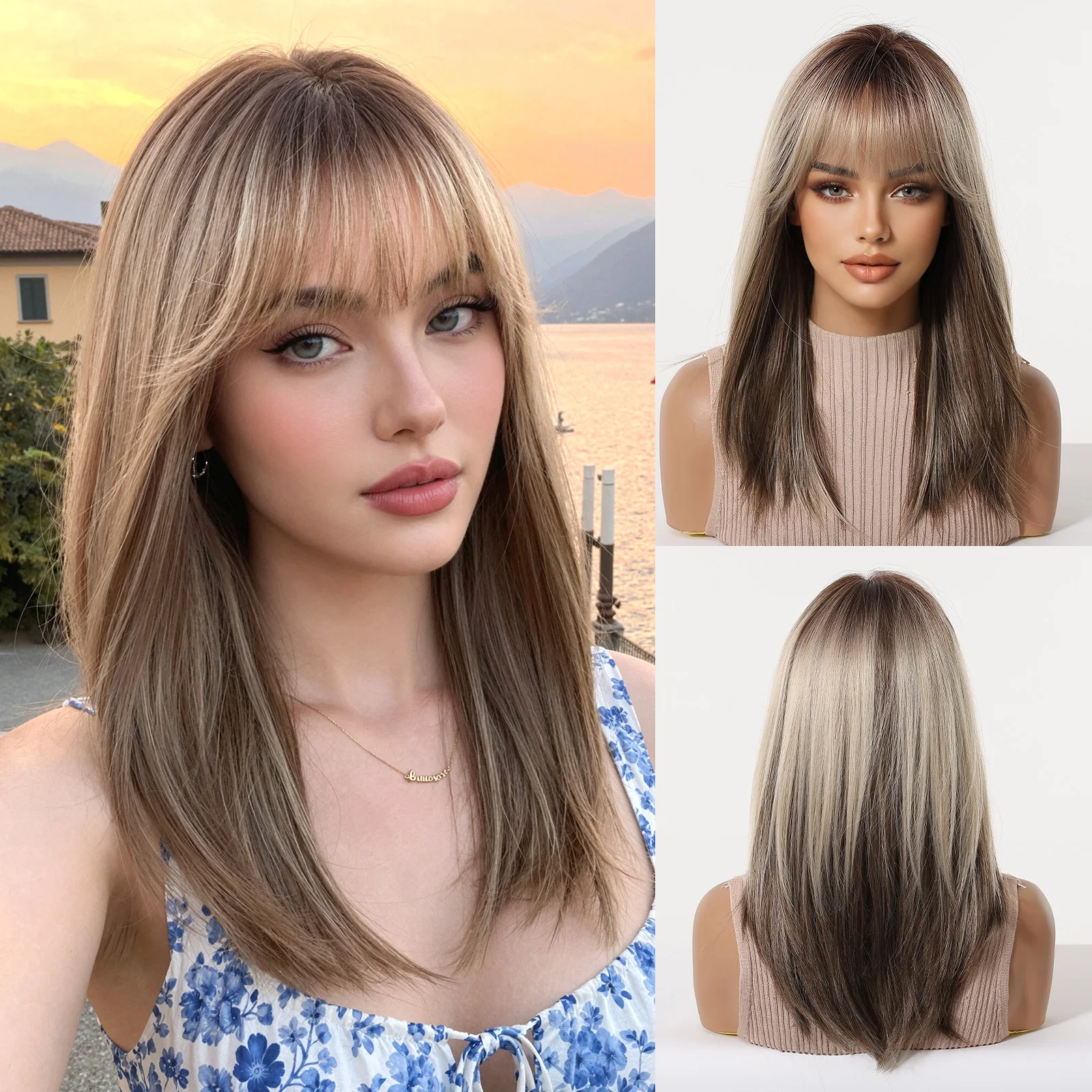 

Long Straight Ash Brown Wig with Bangs for Women Brown with Ash Blonde Highlights Wig Synthetic Hair Heat Resistant Daily Wear