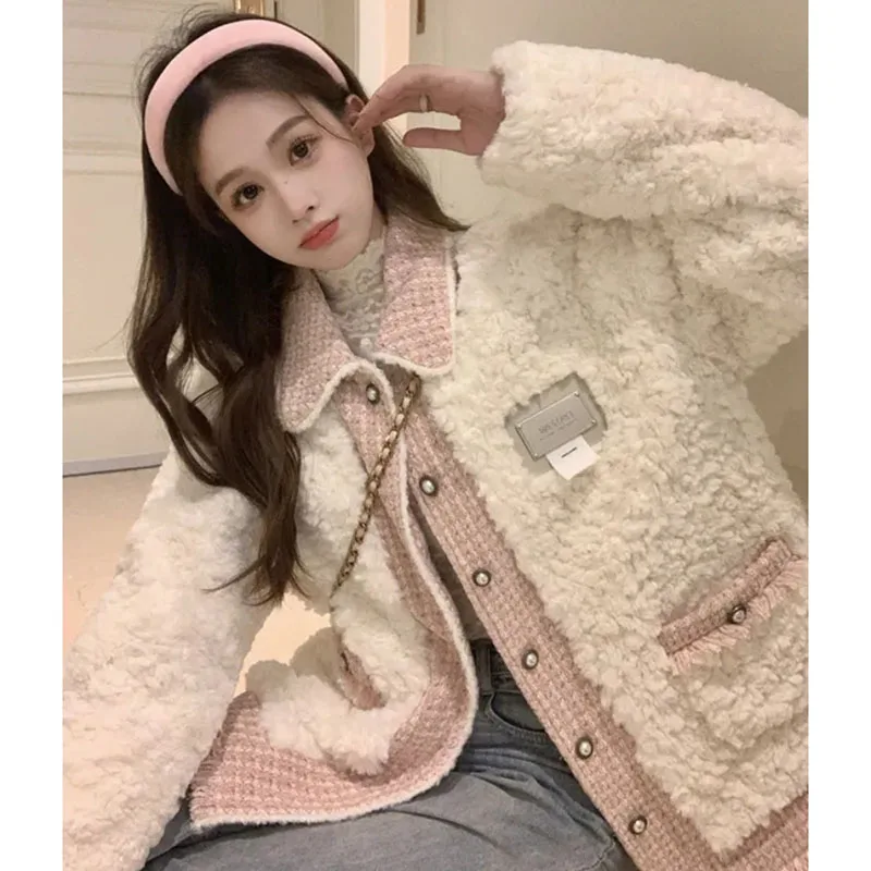 Lamb Wool Thickened Jacket Women Elegant Patchwork Autumn Winter Houndstooth Outwear Long Sleeve Button Pocket Sweet Coats