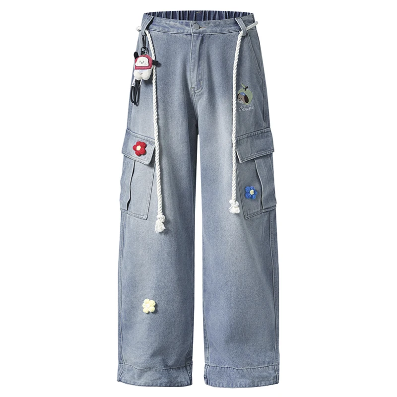 

Осенние мужские широкие джинсовые брюки-карго в стиле хип-хоп, полотенце с вышивкой, веревочный ремень, 2025 г., уличная одежда, повседневные джинсы в стиле Харадзюку, брюки, одежда