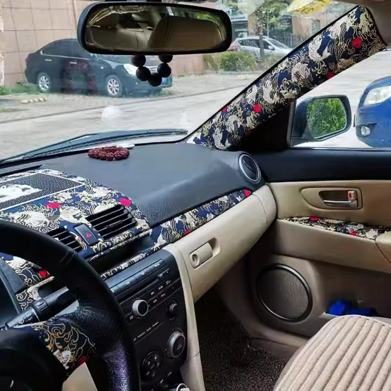 Koi Carp Sea Waves Embroidery Self-adhesive Cloth Car Interior of AB Pillar Stickers Auto Upholstery Renovation Adhesive Fabric