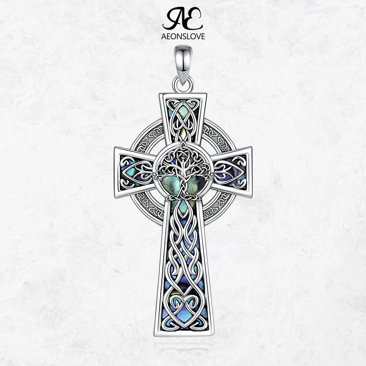 AEONSLOVE Celtic Cross Necklace Healing Crystal Stone Abalone Shell Tree of Life Pendant Wicca Pagan Jewelry Gift for Women Men