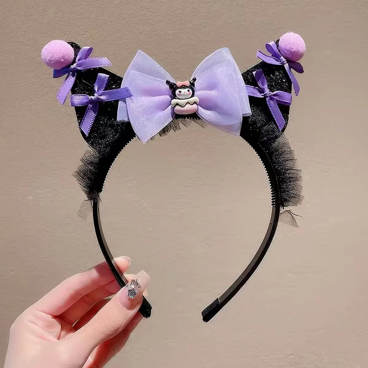 Sanrio Kuromi Mädchen Halloween-Kostümzubehör Cosplay Haarspangen Perücke Zopf Haargummi Bubble-Zopf Pferdeschwanz Haarband Schleifenklammer – Detail 10