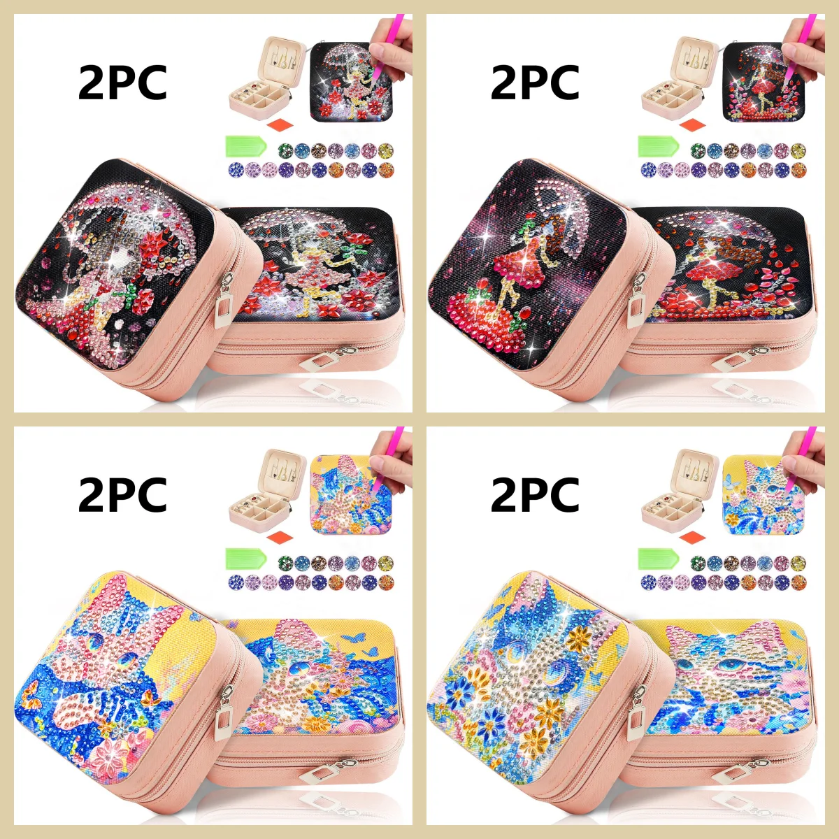 2 DIY-Schmuckschatullen-Sets mit Feen-/Katzenmuster und Diamantkunstmalerei, Mini-Schmuck-Reiseboxen aus Leinwand