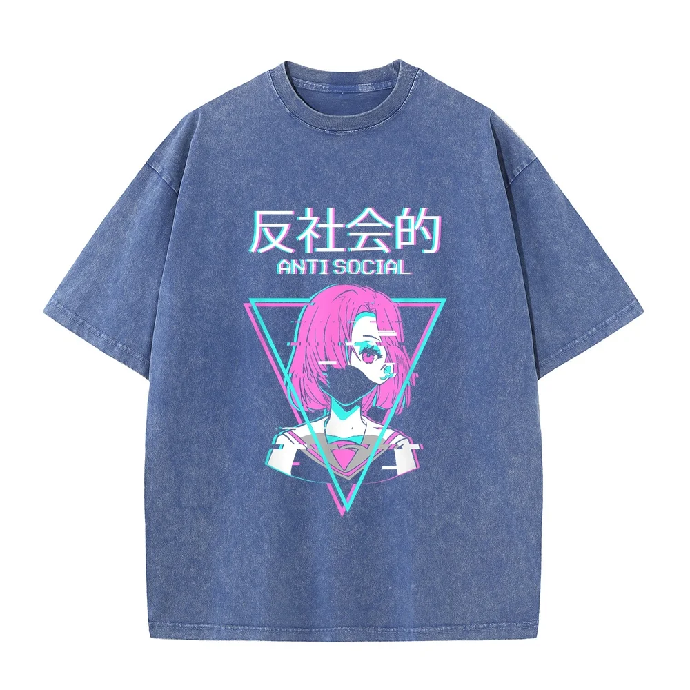 Antisocial Vaporwave Anime Girl Japanese Indie Old T-Shirt Short Sleeve Top Clothing Xxl Printed Cotton Red Round Neck Tee